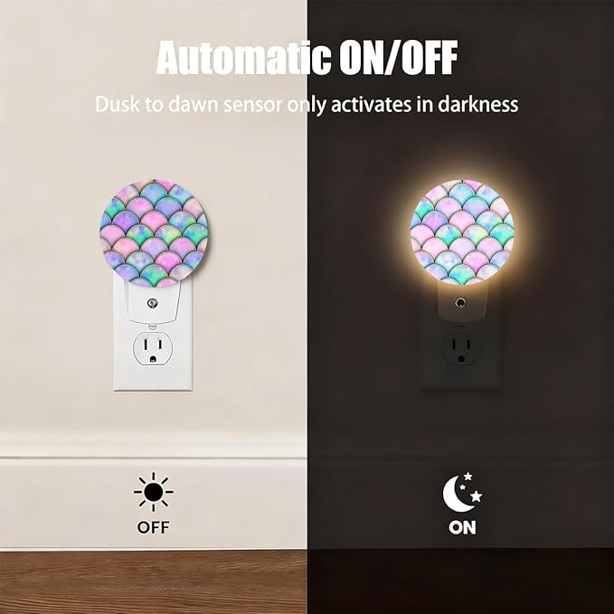 Plug-in Pink Purple Mermaid Scales Night Light Charming Fish Scales Night Lights Plug into Wall with Auto on/Off Sensor, 0.5W LED Nightlight for Bedroom Bathroom Kitchen Hallway