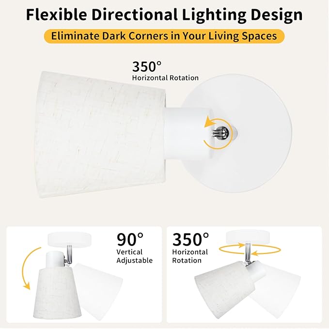 HiBay 1-Light Ceiling Track Lighting Fixture Farmhouse, Modern White Directional Flush Mount Spotlight w/Linen Shade for Bedside Picture Studio Art, E26 Base (Bulbs Not Included)