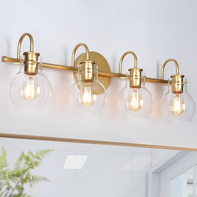 KSANA Bathroom Vanity Light, 4-Light 28.5" Large Gold Bathroom Light Fixtures, Modern Vanity Lights for Bathroom with Globe Clear Glass Shades