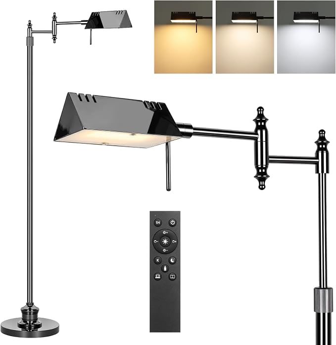 Bairth Black Chrome Reading Floor Lamp, Dimmable Pharmacy Standing Lamp | 3 Color Temperature, Dimmable, 17W LED, Height Adjustable, 360°Swing Arm, for Living Room, Bedroom, Office, Craft & Sewing