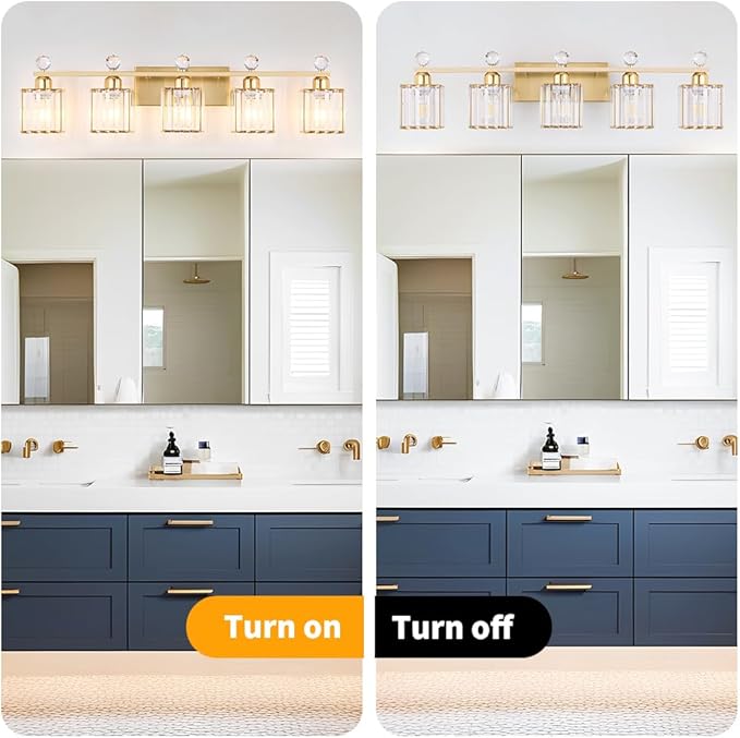 Bathroom Vanity Lights Over Mirror - Easy Installation with Clear Guide, 5-Light Shadow-Free Design, Gold Crystal Finish - for Modern Home Bathroom Lighting Fixtures in DIY Projects