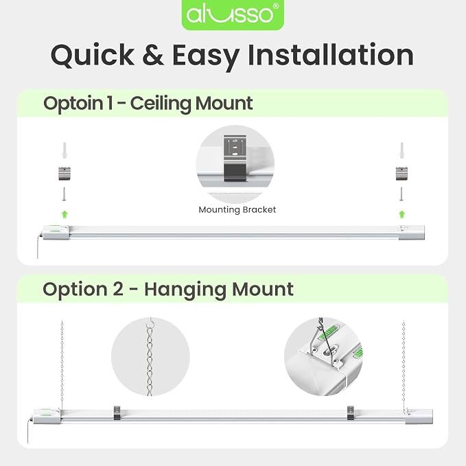 ALUSSO® LED Shop Lights 4FT for Garage, 6000LM Super Bright, Adjustable 2700K-6500K Color Temperature, 120V, Warm to Cool Daylight Linkable Shop Lights for Workshop, 4 Pack