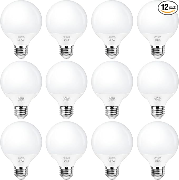 MAXvolador G25 LED Globe Light Bulbs Daylight White 5000K, Round Vanity Light Bulb 60W Equivalent, E26 Base Bathroom Mirror Light Bulbs, 500LM, Non-Dimmable, 12-Pack