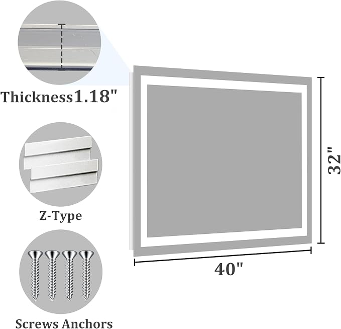 Koonmi 40x32 LED Bathroom Mirror with Light, Anti-Fog, 3 Colors | Backlit + Front Lit, Dimmable Brightness, Shatterproof HD Distortion-Free Tempered Glass, Hardware Included