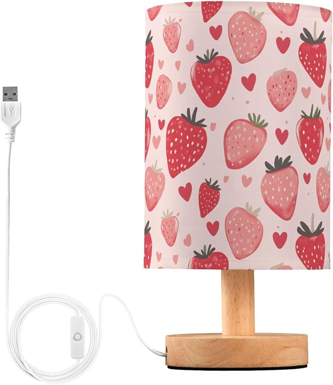 Watercolor Hand Draw Strawberries and Hearts Doodle Bedside Table Lamps with USB Port for Bedroom Lamp Table Lamp Small Nightstand Lamp Linen Shade Decorative Lamps for Home Room Kids Reading Nursery