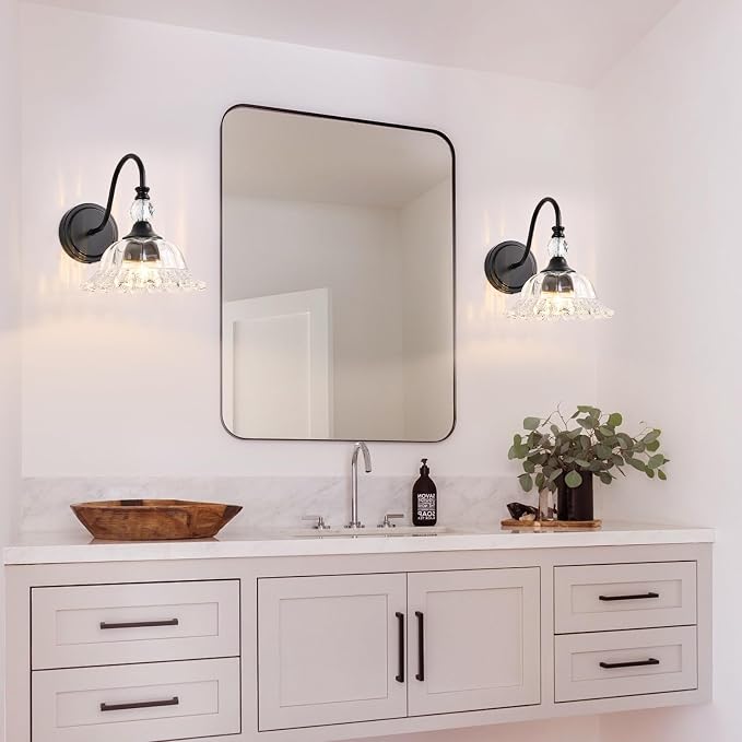 Vintage Bathroom Vanity Light Fixtures Matte Black Wall Sconces with Floral Crystal Glass Shade Wall Lights for Bathroom Bedroom Living Room Hallway Wall Decor(Exclude E26 Bulb)