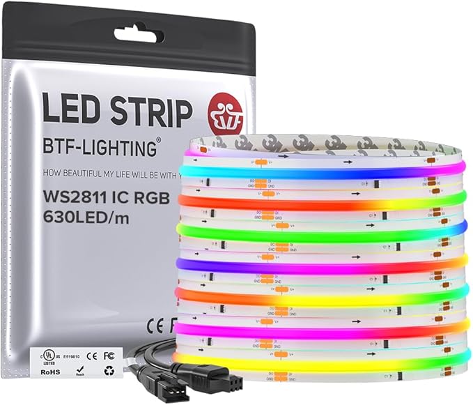 BTF-LIGHTING WS2811 Smart IC RGB FCOB COB LED Strip, UL Listed 630LEDs/m High Density Color Chasing Uniform Light, DC24V 24FT 10mm Width Tape Light for Home Party DIY Decor(No Adapter or Controller)