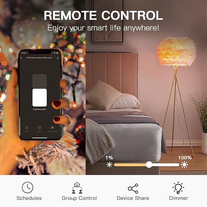 TREATLIFE Smart Dimmer Plug Outdoor Smart Plug Works with Alexa and Google Home, Light Dimmer APP Remote Control, Max Power 400W, IP44 for Dimmable Outdoor String Lights, Floor Lamp, Table Lamp