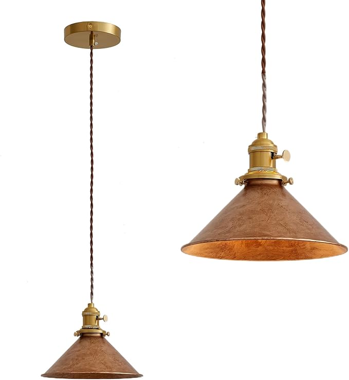 Hanging Pendant Light Rusted Copper Lampshade with Adjustable 6.5Ft Cord Pendant Ceiling Lights Retro Antique Hanging Light for Kitchen Island Living Room and Dining Room
