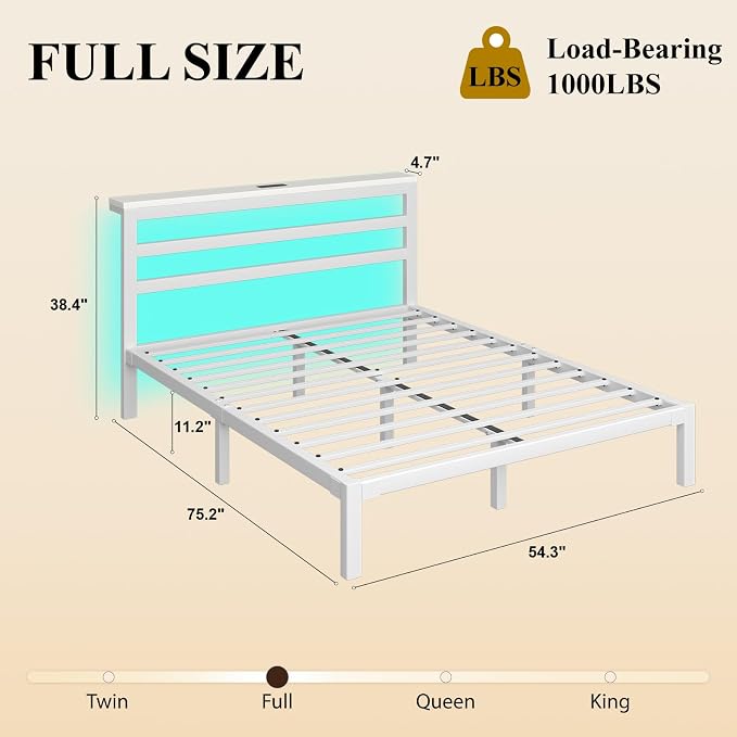 LOEWAY Full Size Metal Bed Frame with Storage Headboard & LED Lights, White | Built-In Charging Station, Under-Bed Storage, Heavy Duty Metal Slats, No Box Spring Needed, Solid and Stable, Easy Assembly