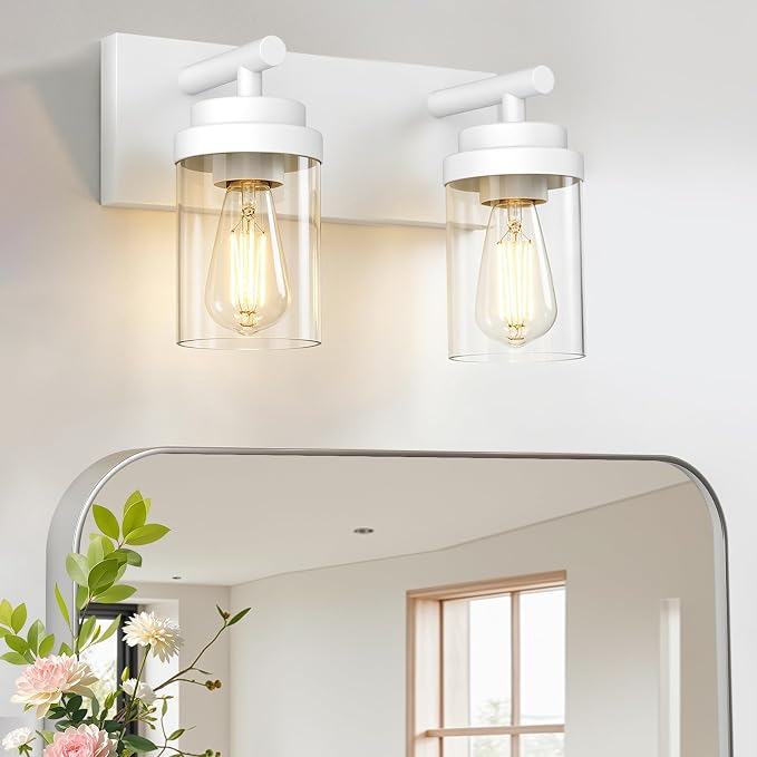 IZORRO Bathroom Vanity Light Fixture, 2-Light 15 Inch White Bathroom Light Fixtures Over Mirror, with Clear Glass Shade, Modern Farmhouse Vanity Lights, Rustic Restroom Lighting Fixtures