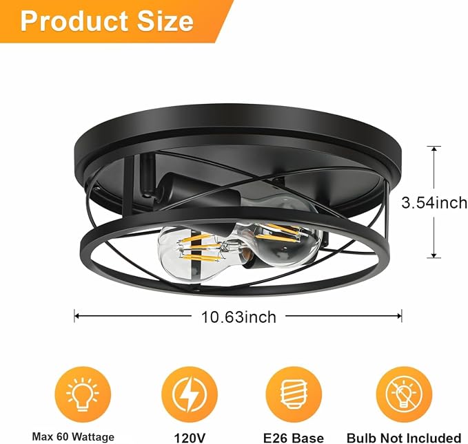 Farmhouse Lights,Black Industrial 2 Pack Round Metal Flush Mount Hallway & Bedroom Ceiling Lamp, Kitchen Round Lights (Bulbs Not Included)