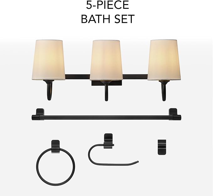 Globe Electric 63000206 5-Piece All-in-One Bathroom Set, 3-Light Vanity Light, Matte Black, Linen Shades, Towel Bar, Robe Hook, Toilet Paper Holder, Towel Ring, Bathroom Lights Over Mirror