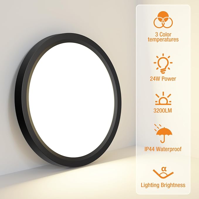 3 PackFlush Mount LED Ceiling Light Fixture Black, 12Inch & 3000K-4500K-6000K Ceiling Lamp 3200LM Ceiling Light for Bedroom, Bathroom, Kitchen, Living Room