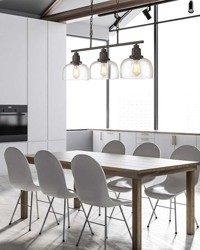 EAPUDUN 3-Light Kitchen Island Light, 35.4" Farmhouse Chandelier for Dining Room Pool Table Pendant Light, Black Finish with Seeded Bubble Glass, PDA1125-ORB