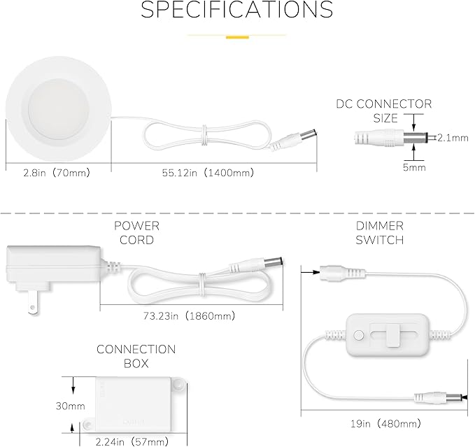 GETINLIGHT 2.75" Under Cabinet LED Puck Lights Kit, Plug-in 12V Set with in-Line Dimmer, 3000K Warm White, Recessed or Surface Mount, ETL Listed, 3-Pack, IN-0102-3-WH