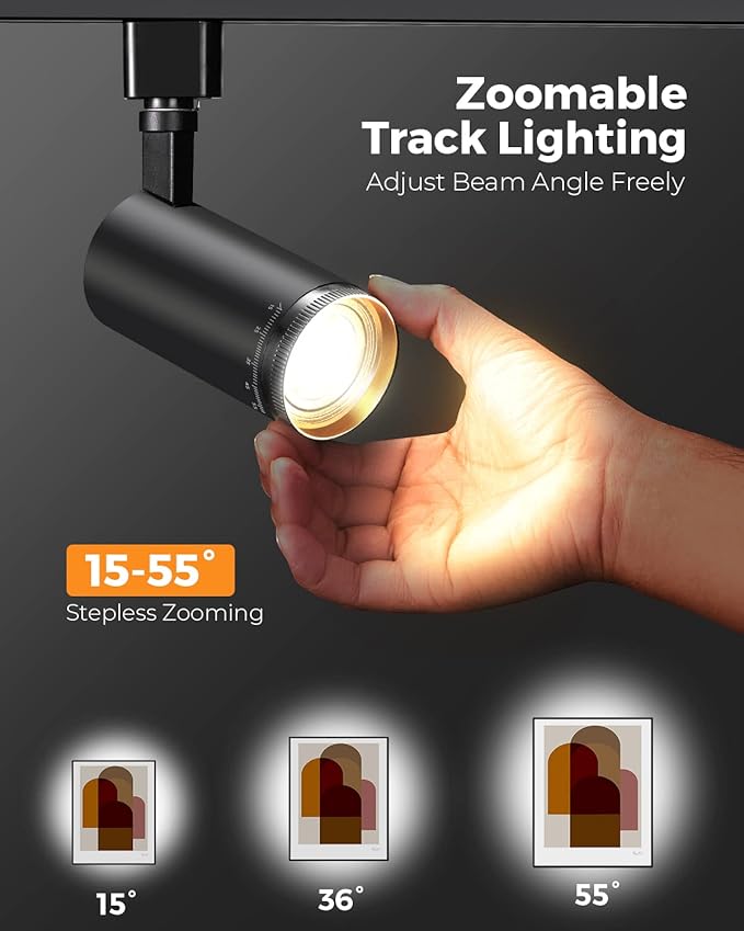 VANoopee 3-Color Zoomable J Type Track Lighting Heads 10W for Juno Rail - Bright LED Track Light Heads Fixtures 3000K 4000K 5000K Ceiling Spot Accent Light, No Flicker CRI90+ 15-55° 800lm Black 4 Pack