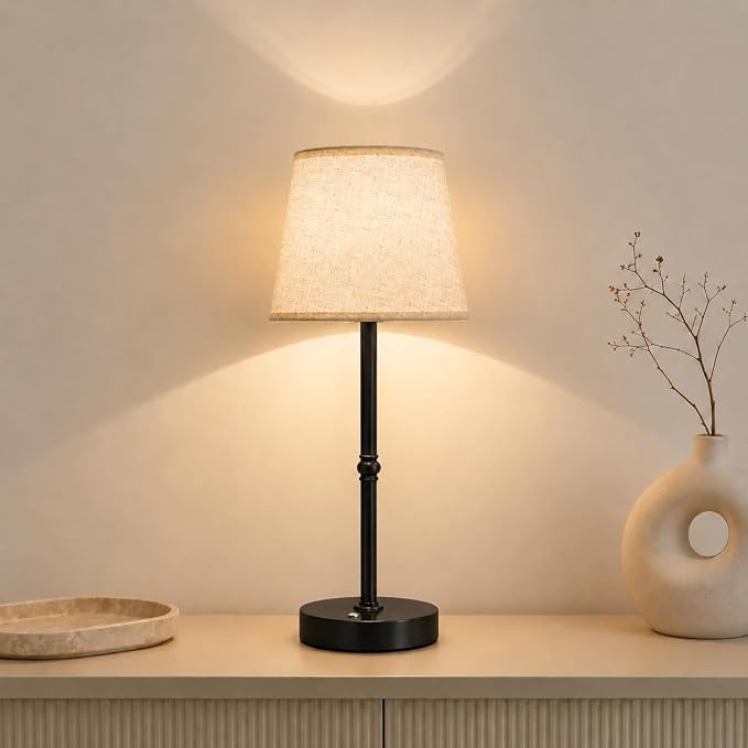 Cordless Table Lamp Rechargeable, 6000mAh Battery Operated LED Lamp with USB-C, Touch Control Stepless Dimmable Small Black Fabric Lamp for Kitchen Counter, Small Spaces, Bedroom, Living Room