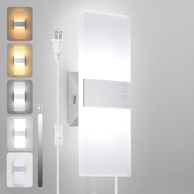 TRLIFE Modern Wall Sconce, Adjustable 4 Color Temperature LED Wall Sconce Plug in, 12W LED Acrylic Wall Mounted Light Wall Lights with 6FT Plug in Cord for Bedroom Bedside Stairway(1 Pack, Silver)