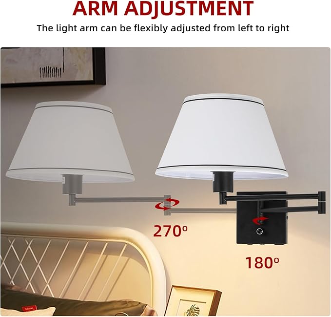 Swing Arm Wall Lamp,17”Wall Sconce Plug in with Type-C and USB Port,Dimmable Switch,Bedroom Wall Light Fixtures,Bedside Reading Lamp,White Shade Black Finish.