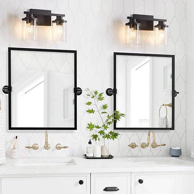 Bathroom Light fixtures, 2 Light Matte Black Bathroom Vanity Light, Vanity Lights with Metal Base and Clear Glass Shade, Wall Sconces Lighting for Bathroom, Mirror, Bedroom, Living Room, Hallway