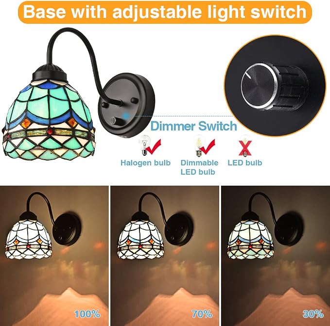 Bedside Wall Mount Lamp with Dimmable Switch, Industrial Vintage Gooseneck Wall Sconce with Plug in Cord, Wavy Blue Stained Glass Shade Wall Light Perfect for Bedroom, Living Room