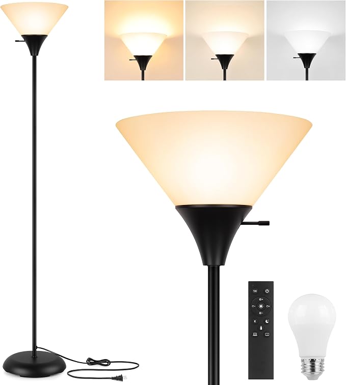 Coucrek Floor Lamp for Living Room, Torchiere Standing Light | Remote Control Stepless Dimmable Brightness & Color Temperature, 9W LED Bulb Included, Tall Lamp for Bedroom, Office, Dorm