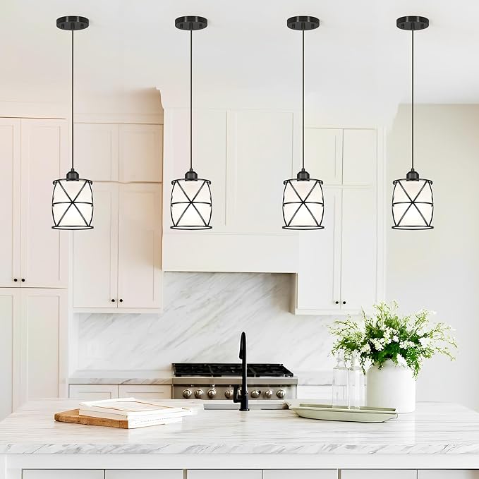 Modern Black Pendant Lights Kitchen Island 2 Pack, Farmhouse Frosted Glass Cylinder Pendant Light Fixture,Island Lights for Kitchen,Pendant Lighting for Home Decor - 5.51 Inch Shade 59.06 Inch Cord