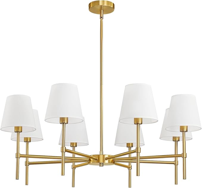 Dining Room Chandeliers Light - 8-Light Gold Modern Chandelier with Fabric Shade, Height Adjustable Mid Century Ceiling Lighting Fixture for Bedroom Kitchen Entryway Foyer