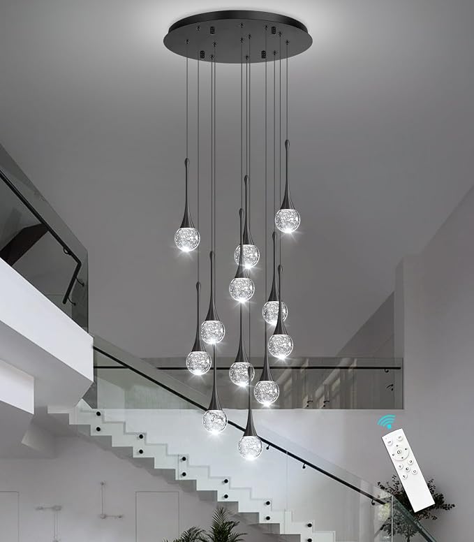 118 inches Modern Glam Crystal Chandelier for High Ceiling LED Dimmable Ceiling Pendant Light Staircase Foyer Enterway Living Room Chandelier Lighting Black 12 Lights