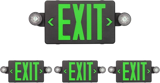 TANLUX Green Exit Sign with Emergency Lights, LED Emergency Exit Light with Battery Backup, Black Housing, UL Listed, AC 120/277V, Commercial Emergency Lights Combo for Business - 4 Pack