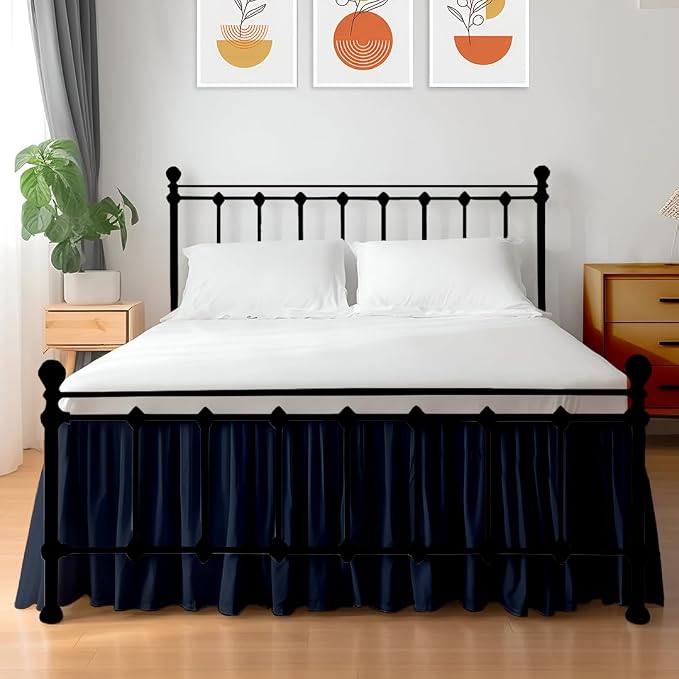 Shreem Linen Ruffled Bed Skirt with Split Corners, Gathered Style, 100% Microfiber, 12-Inch Drop, Dust Ruffle Bedskirt with Platform, King, Navy Blue