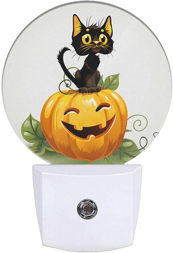 Plug in Nightlight Thanksgiving Harvest Cat Sit on Pumpkin Night Light Cute Black Cat Kitten Funny Pumpkin Plug-in Nightlight Auto On/Off for Men Women Boys Girls, LEDLAMP3016