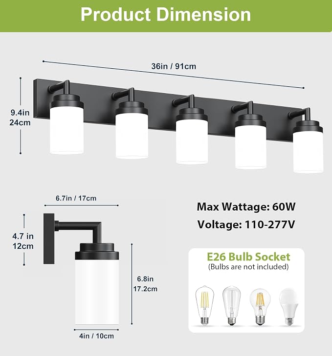 Bathroom Light Fixtures, Matte Black Bathroom Lighting Fixtures Over Mirror, Modern Vanity Light with White Glass Shade, Restroom Lighting Fixtures, 5-Light 36-inch