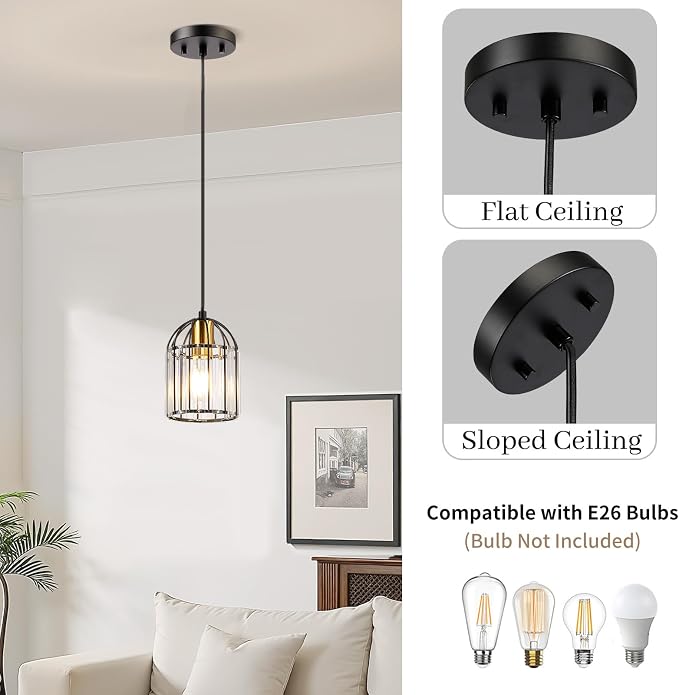 TALOYA Pendant Lights Kitchen Island Black, Crystal Pendant Light Modern for Dining Room, Height Adjustable Chandelier Hanging Island Light Fixtures for Kitchen Hallway(Bulb Not Included)