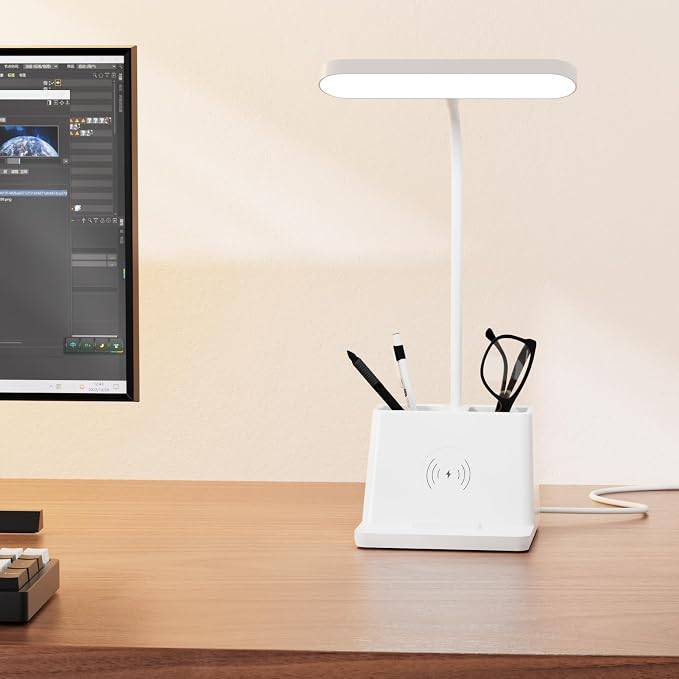 Desk Lamp with Fast Wireless Charger, College Dorm Room Table Light | 18 in, Adjustable LED, White, Small, Cute, for Home Office
