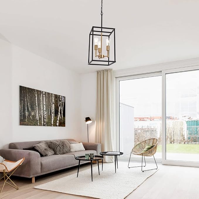 3 Light Vintage Industrial Pendant Light, Lantern Cage Chandelier in Black and Brushed Brass Finish Classic Hanging Kitchen Lighting for Foyer Dining Room Kitchen Island, Bedroom