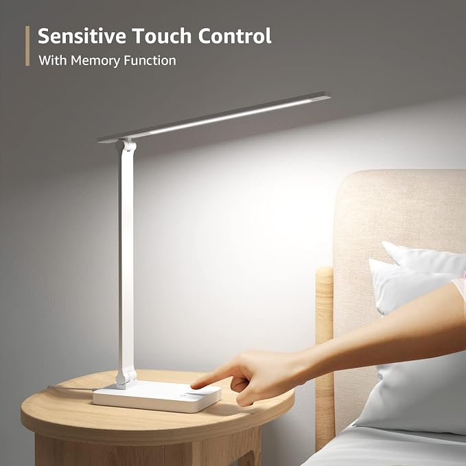 Lepro LED Desk Lamp with USB Charging Port for Dorm Room, 700LM 9.5W, White | Dimmable Table Lamp, 5 Colors 5 Brightness, Eye Caring Task Light for Home Office, Sewing, Crafting, Reading, Nail, Drafts
