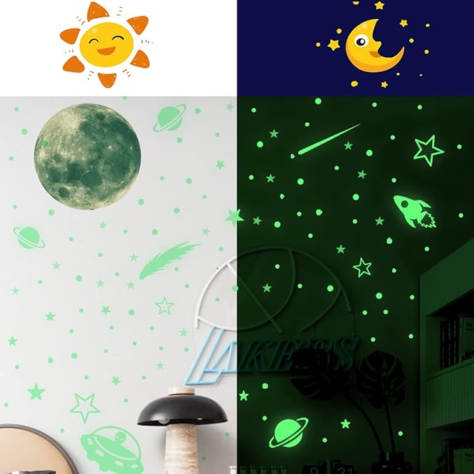 DIY Creativity Starry Sky Astronaut Night Light Stickers Cartoon Rabbit Wall Stickers Star Spaceship Night Light Stickers Room Decoration Wall Stickers (Alien Starry Sky)