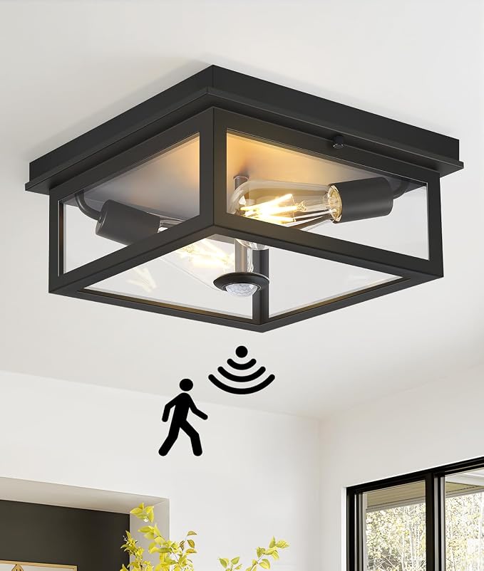 Motion Sensor Outdoor Ceiling Light with Remote, 12.2 Inch Black Flush Mount Porch Light Fixture with United Glass Cover, 5 Modes Outside Flush Mount Light for Porch, Garage, Patio, Entryway