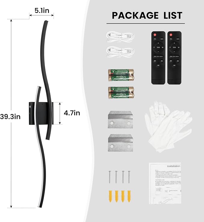 Black Battery Operated Wall Sconces: 39.3 Inch Rechargeable Sconce Set of Two with Remote Control/3 Colors/10-100% Dimming/Timer, Modern Wall Lighting for Bedroom Living Room Hallway Bathroom, 2 Pcs