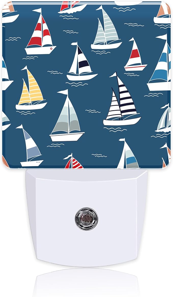 Cartoon Sailboat Sea Waves Night Light,Marine Nautical Adventure Navy Blue Night Light Plug into Wall with Dusk to Dawn Sensor Cute Nightlight for Women Boys Girls Room,Kitchen,Stairs Decor