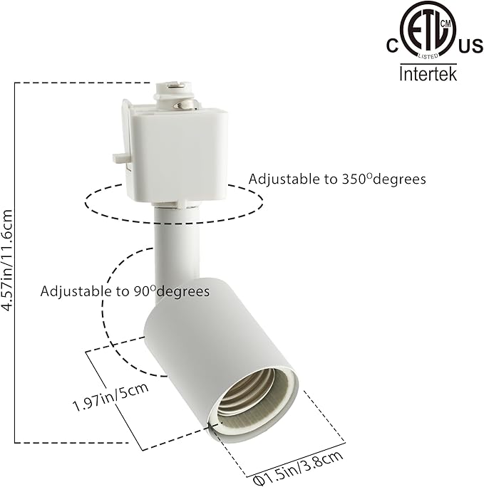mirrea L Type Track Lighting Head to E26 Medium Screw Base Adapter Light Direction Adjustable Pack of 3 (White)