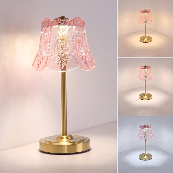 Shenmoyl Cordless Touch Table Lamp with 5200mAh Battery - 3 Adjustable Color Temperatures & Dimmable, Rechargeable Desk Lamp for Bedroom, Living Room, Office, Entryway, Bookshelves (Clear Pink Rose)