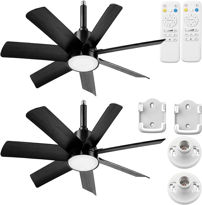 28 Inch Socket Fan Light with Remote Control, Screw in E26/E27 Ceiling Fan with LED Light, 3000-6000K Dimmable Color Temp, 6 Speeds, Timer, for Bedroom Kitchen Living Room Garage, 2-Black