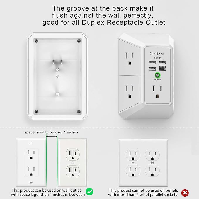 Wall Charger, Surge Protector, QINLIANF 5 Outlet Extender with 4 USB Charging Ports, 3-Sided 1680J Power Strip Multi Plug Adapter Spaced for Home Travel Office