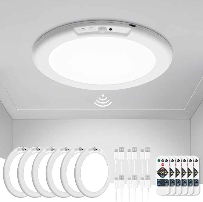 wowatt 6PC Battery Operated Ceiling Lights Rechargeable with Motion Sensor | Wireless Shower Light with Remote, 3000K 4500K 6500K 7.48", Dimmable Stick On Battery Light for Ceiling,Lámparas Recargables
