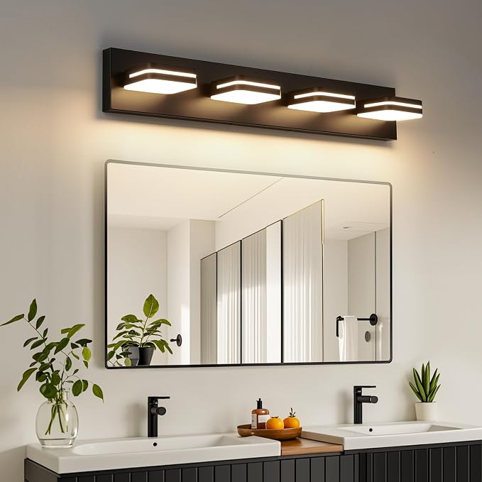 Torondo 360° Rotate LED Bathroom Vanity Light Fixtures, Acrylic Vanity Lights for Bathroom, Modern Wall Lighting Fixtures Over Mirror Living, Matte Black, Warm White, 4-Light, 27-Inch