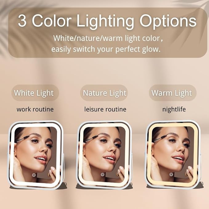 LED Makeup Mirror 8x10 Rechargeable with 3 Color Settings, Touch Control, Portable & Cord-Free Vanity Mirror, Premium Metal Frame, Gift-Ready for Travel Mirror White