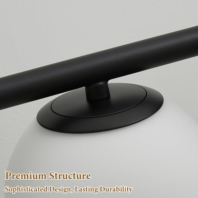 27" Mid Century Modern White Globe Black LED Bathroom Vanity Light | Matte Black Finish, Sleek Mid Century Modern Style, Milk White Glass Globes, Built-In LED Light Source, Unique Ambient Glow